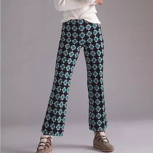 Anthropologie Maeve Margot Kick Flare green Pants Geometric Black Motif Size Xs